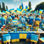 DALL·E 2024-02-24 11.59.38 - Create a vibrant and supportive image of a beer party themed to support Ukraine. The scene is set outdoors, decorated in the colors of the Ukrainian f.webp